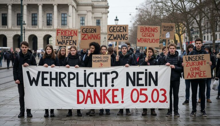 Schüler protestieren am 5. März gegen Wehrpflicht - Bildinhalt mit KI erstellt