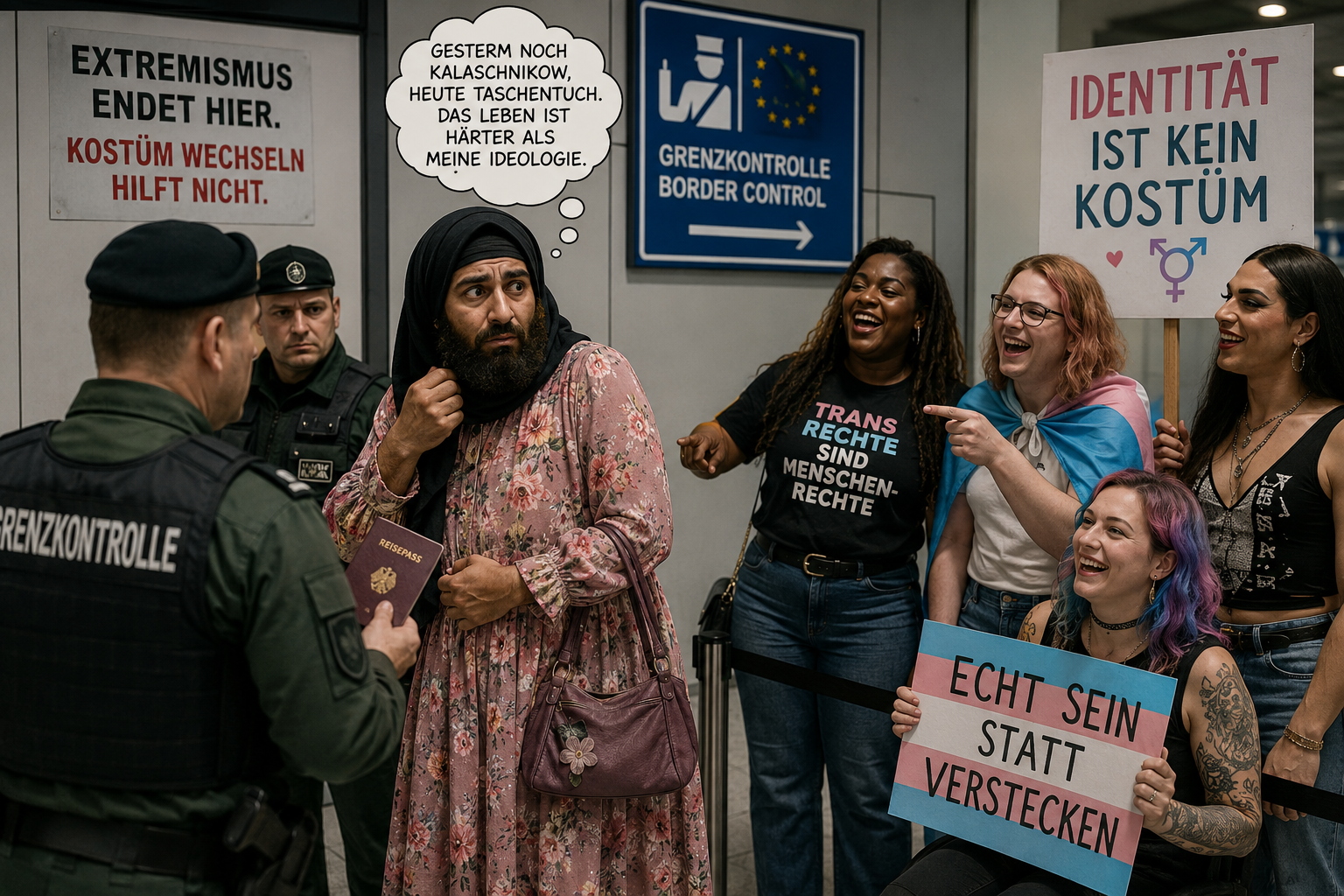 Extremisten in Fraünkleidern - Bildinhalt mit KI erstellt