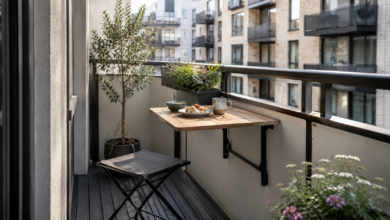 Klapptisch für kleine Balkone: Platzsparende Ideen 14 - (Bildinhalt mit KI erstellt) - Bildinhalt mit KI erstellt Klapptisch für kleine Balkone - Bildinhalt mit KI erstellt