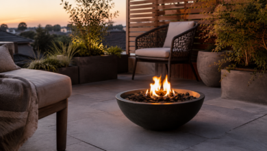 Kleine Feuerstelle fuer die Terrasse - Bildinhalt mit KI erstellt