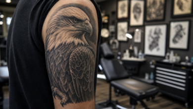 Realistisches Adler-Tattoo auf einem Oberarm im Tattoo-Studio - Bildinhalt mit KI erstellt