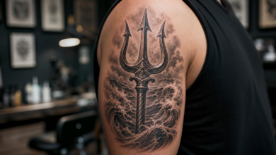 Schwarz-graues Dreizack-Tattoo mit Meereswellen auf einem Oberarm - Bildinhalt mit KI erstellt