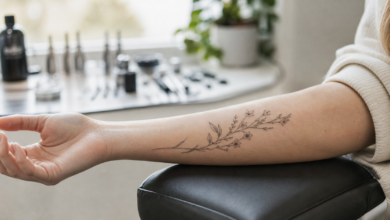 Feines botanisches Fineline-Tattoo auf einem Unterarm - Bildinhalt mit KI erstellt