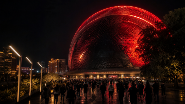 Metallica Tour 2027 in Las Vegas vor einer kugelförmigen Arena bei Nacht - Bildinhalt mit KI erstellt