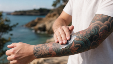 Sonnencreme wird auf ein farbiges Unterarm-Tattoo aufgetragen - Bildinhalt mit KI erstellt