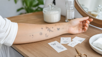 Kleine temporäre Tattoo-Motive auf einem Unterarm - Bildinhalt mit KI erstellt