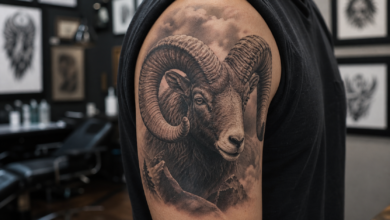 Realistisches Widder-Tattoo auf einem Oberarm im Tattoo-Studio - Bildinhalt mit KI erstellt