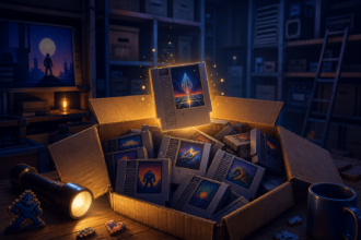 Illustration einer Kiste mit seltenen Retro-Spielmodulen - Bildinhalt mit KI erstellt
