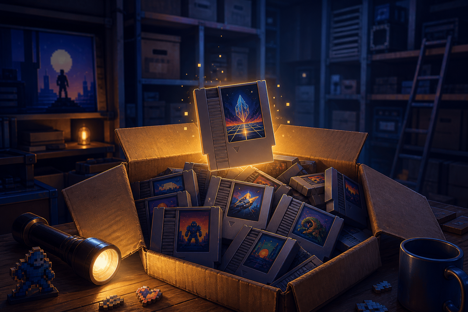 Illustration einer Kiste mit seltenen Retro-Spielmodulen - Bildinhalt mit KI erstellt