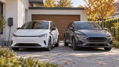 Elektroauto an einer Wallbox neben einem Hybridfahrzeug - Bildinhalt mit KI erstellt