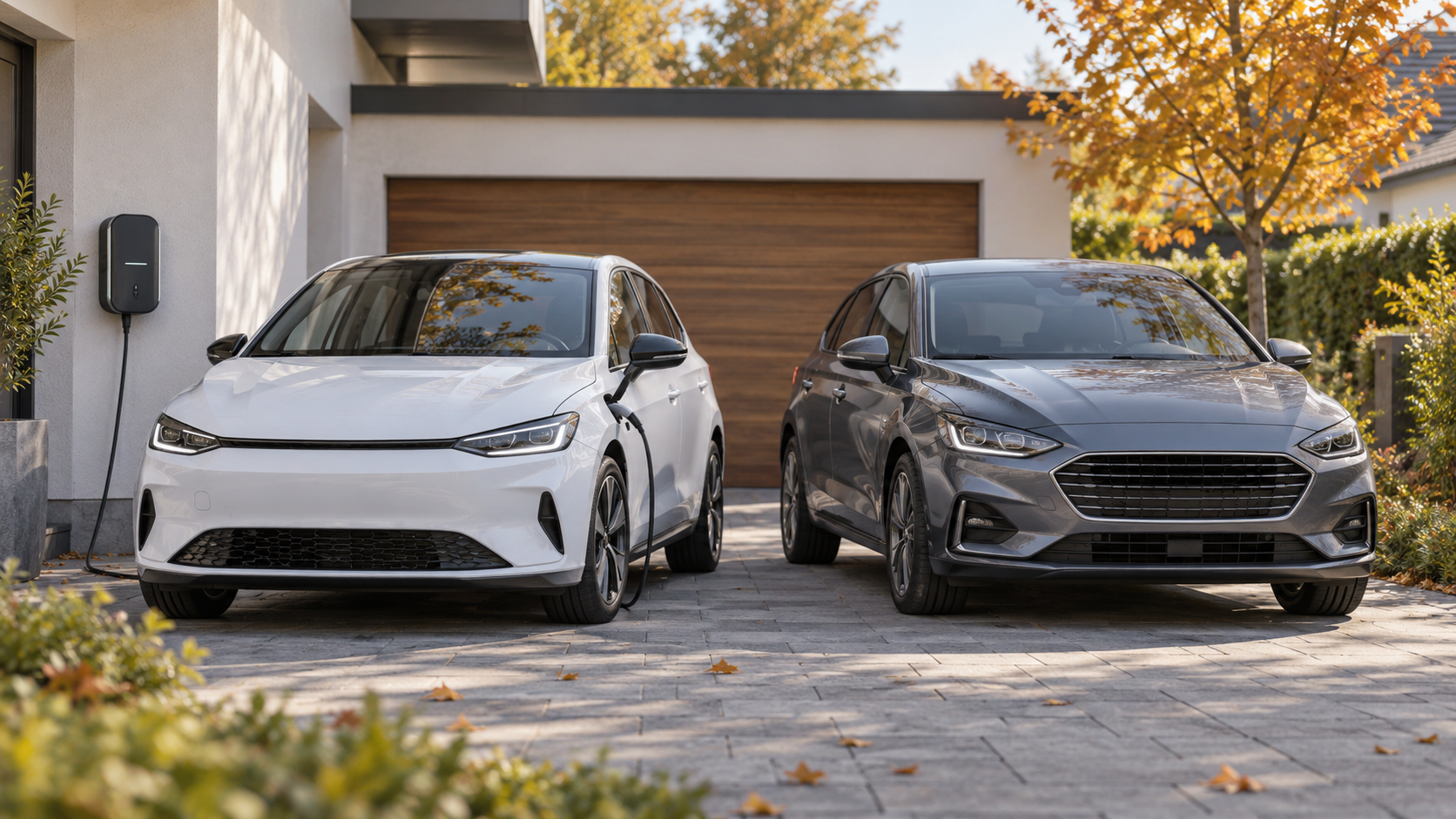 Elektroauto oder Hybrid kaufen? Der Vergleich für 2026 1 - (Bildinhalt mit KI erstellt) - Bildinhalt mit KI erstellt Elektroauto an einer Wallbox neben einem Hybridfahrzeug - Bildinhalt mit KI erstellt