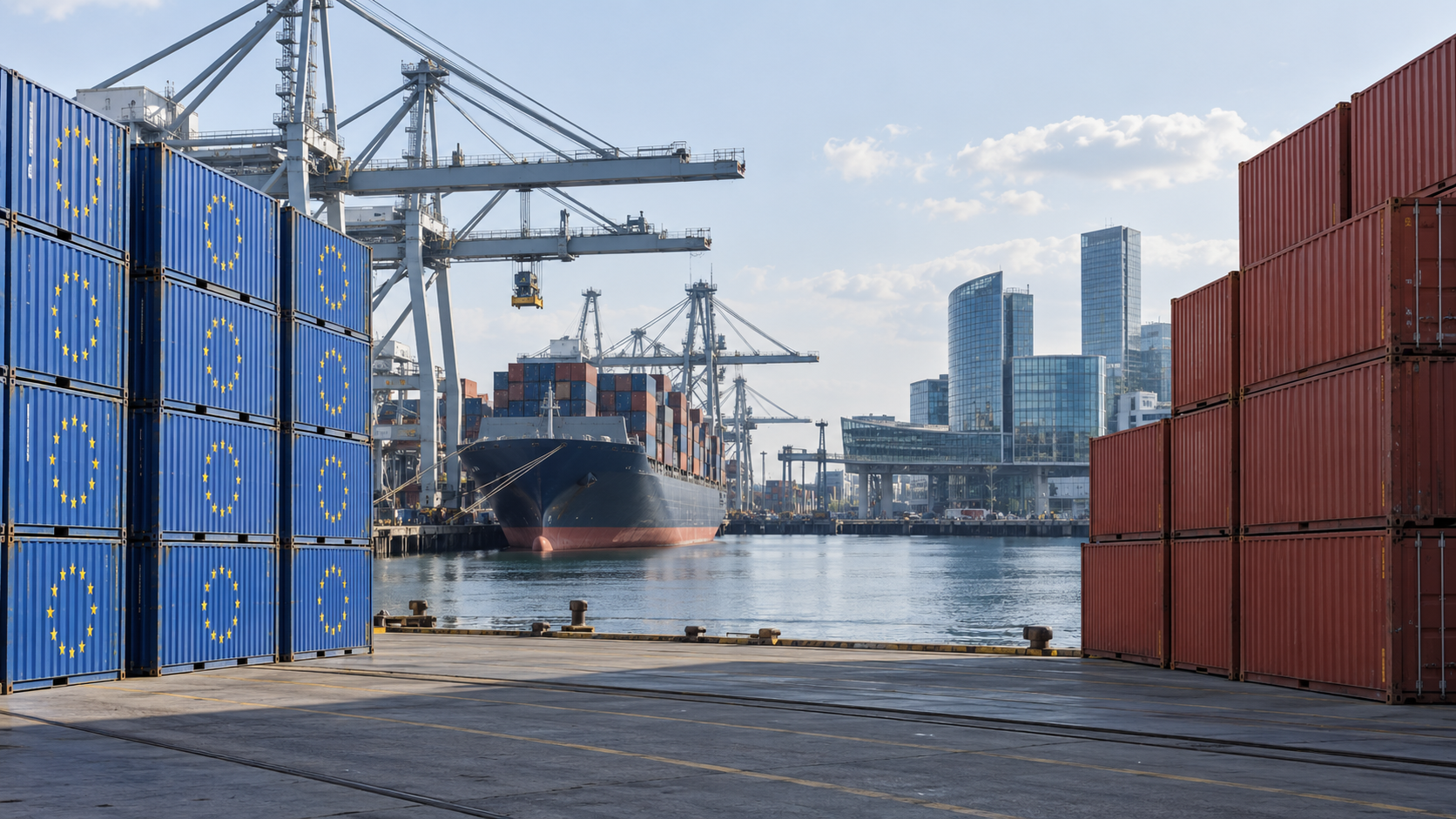 Symbolische Darstellung von EU-China-Handel mit Containern in einem Seehafen. - Bildinhalt mit KI erstellt