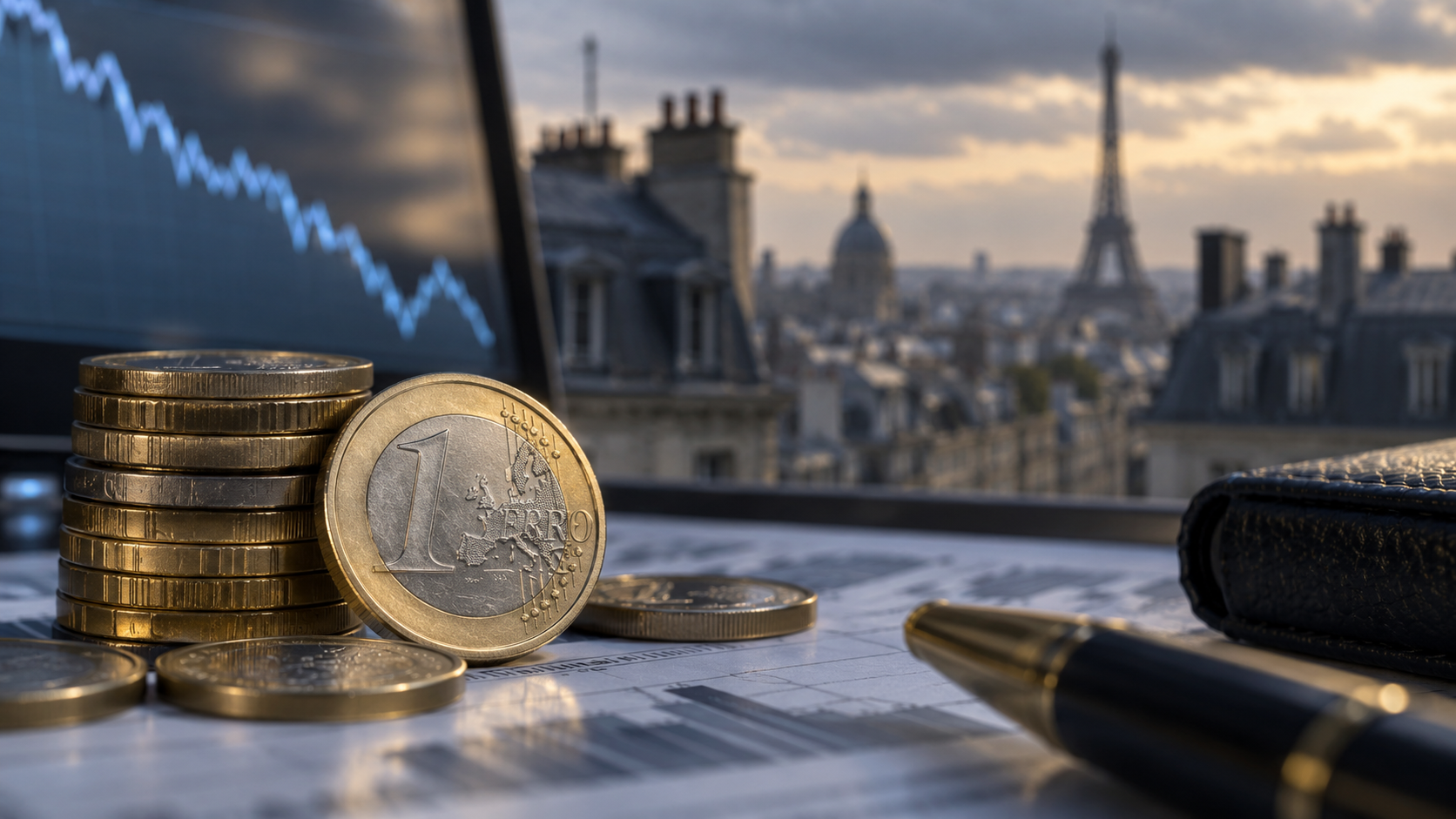 Symbolische Darstellung von Euro-Münzen vor Paris und einem fallenden Kursverlauf. - Bildinhalt mit KI erstellt