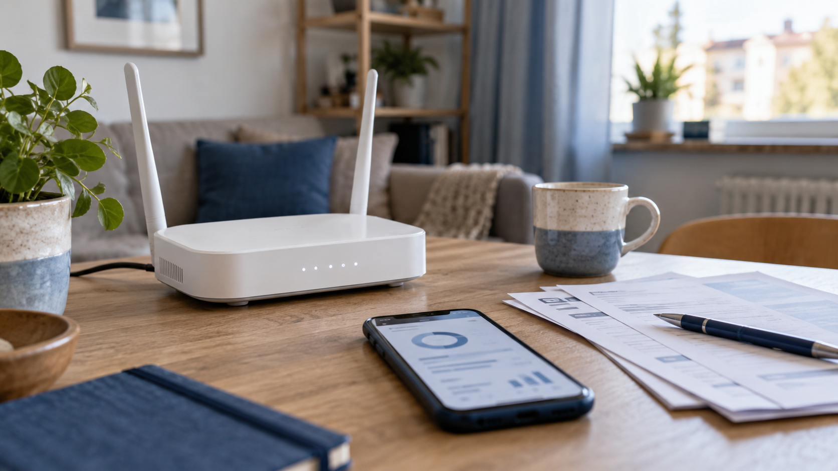 Internet-Preiserhöhung 2026: Telekom und 1&1 im Check 1 - (Bildinhalt mit KI erstellt) - Bildinhalt mit KI erstellt Symbolbild: WLAN-Router und Unterlagen zu einem Internetvertrag auf einem Schreibtisch - Bildinhalt mit KI erstellt