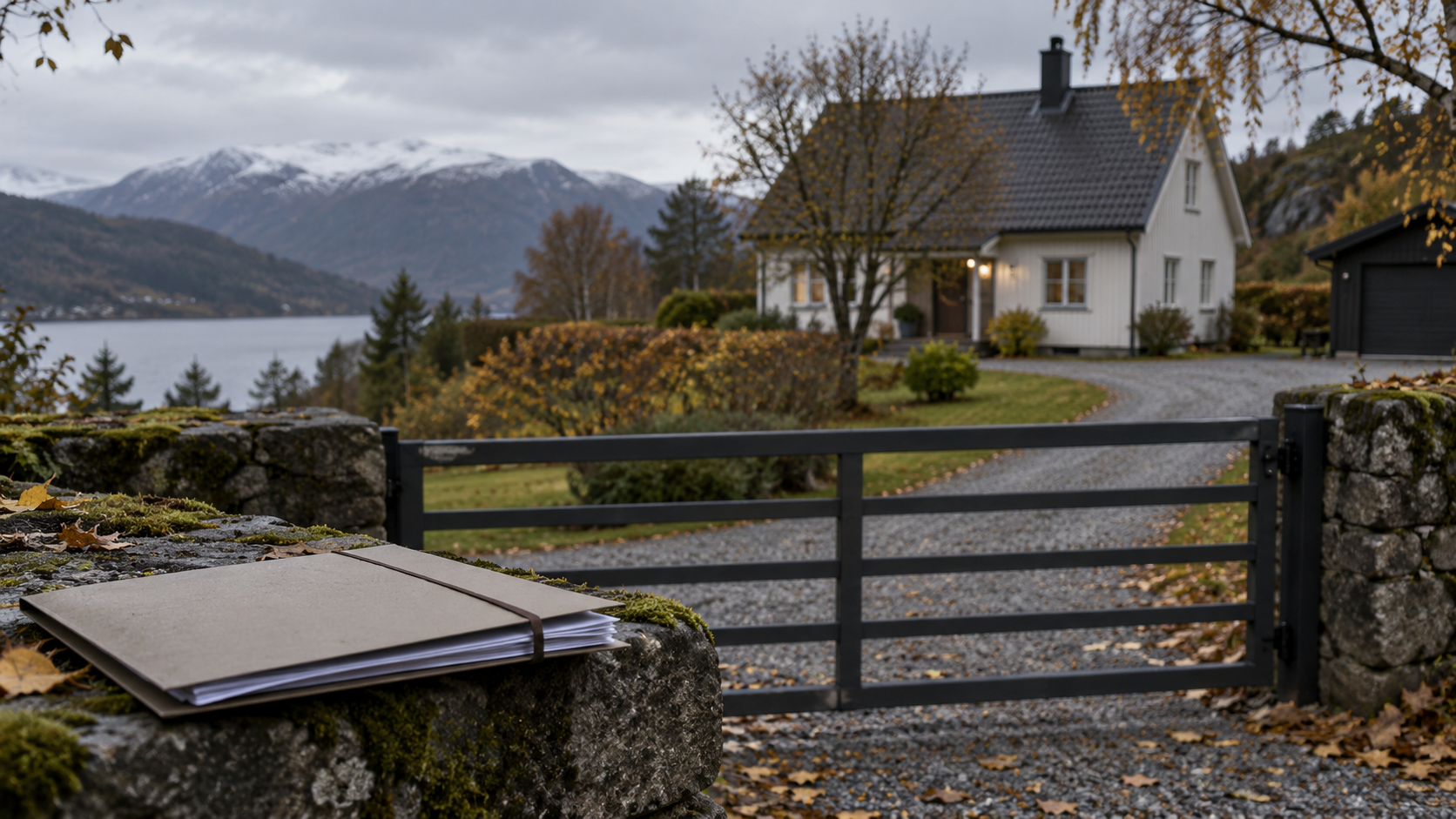 Symbolbild einer skandinavischen Residenz hinter einem Tor - Bildinhalt mit KI erstellt