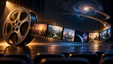 Filmrolle und geschwungener Filmstreifen vor abstraktem Sternenhimmel – Symbolbild zur MCU-Reihenfolge ohne Personen - Bildinhalt mit KI erstellt
