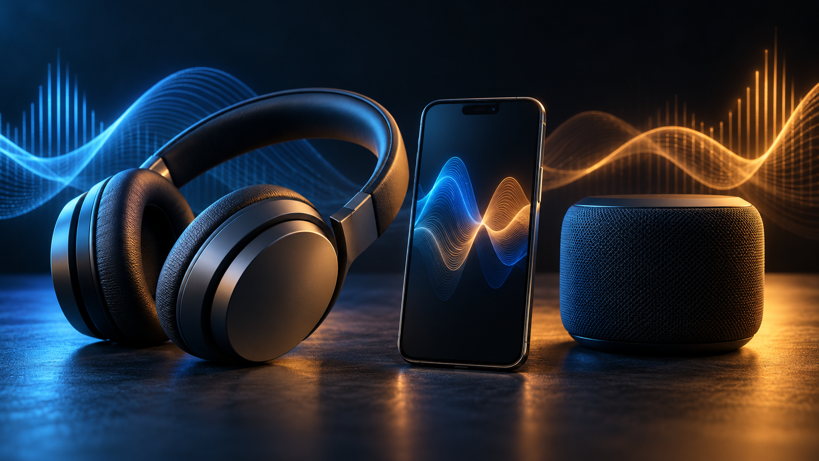 Kopfhörer, Smartphone mit abstrakter Klangwelle und Lautsprecher als Symbolbild für Musik-Streaming-Dienste - Bildinhalt mit KI erstellt
