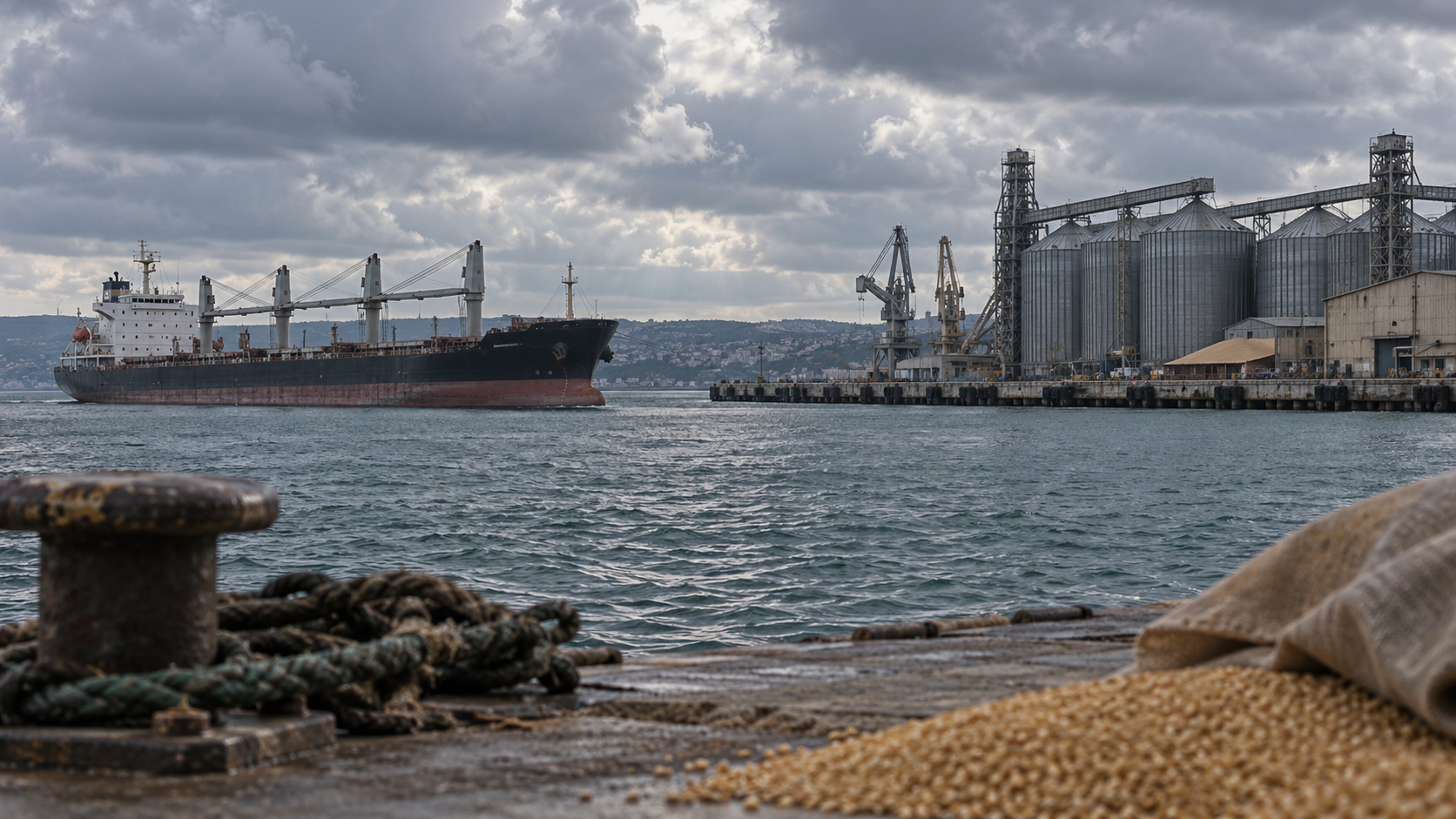 Frachtschiff an einem Hafen mit Getreidesilos als Symbolbild für Schwarzmeerhandel - Bildinhalt mit KI erstellt