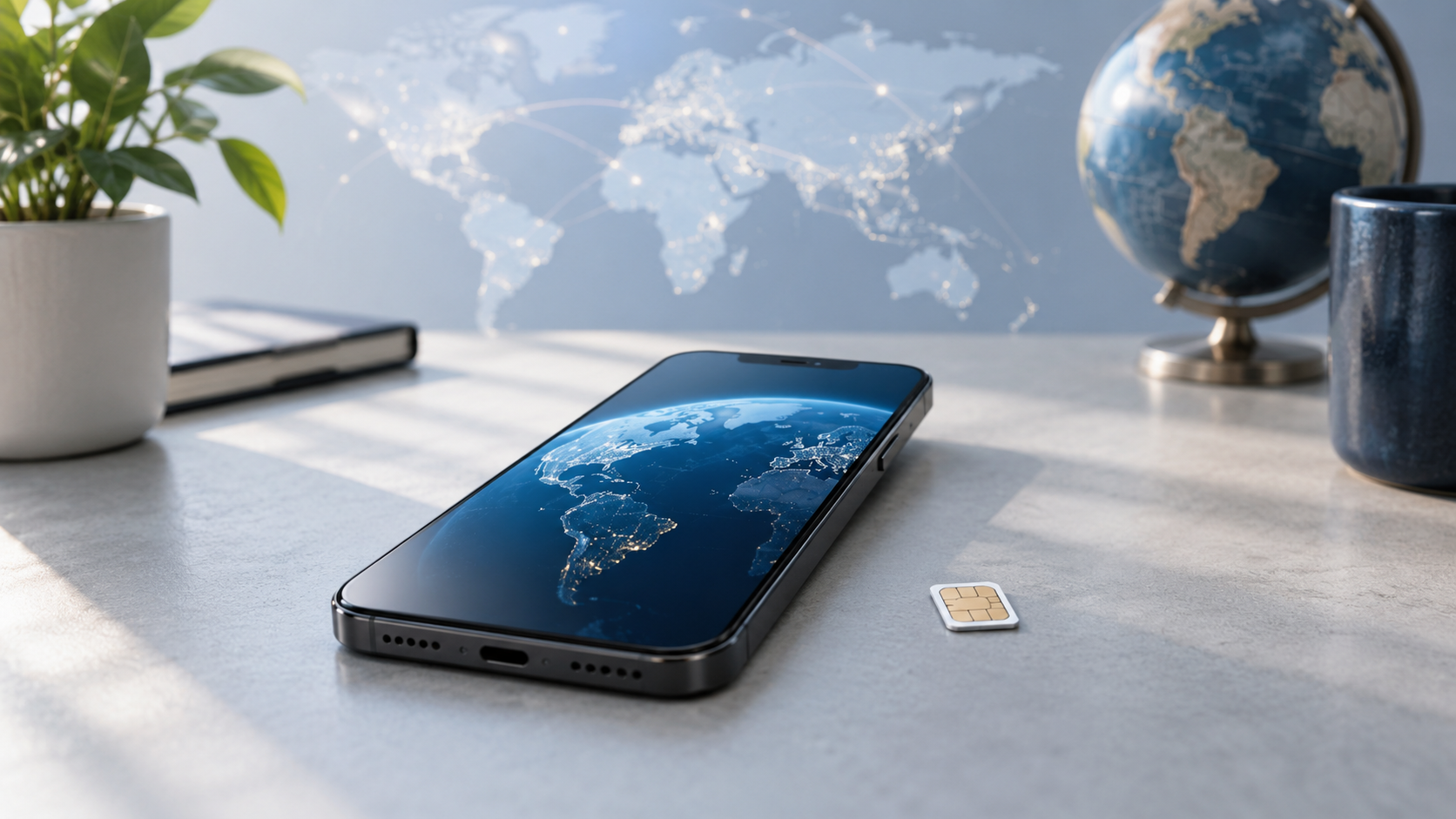 Smartphone mit Weltkarten-Motiv als Symbolbild für einen internationalen eSIM-Tarif - Bildinhalt mit KI erstellt