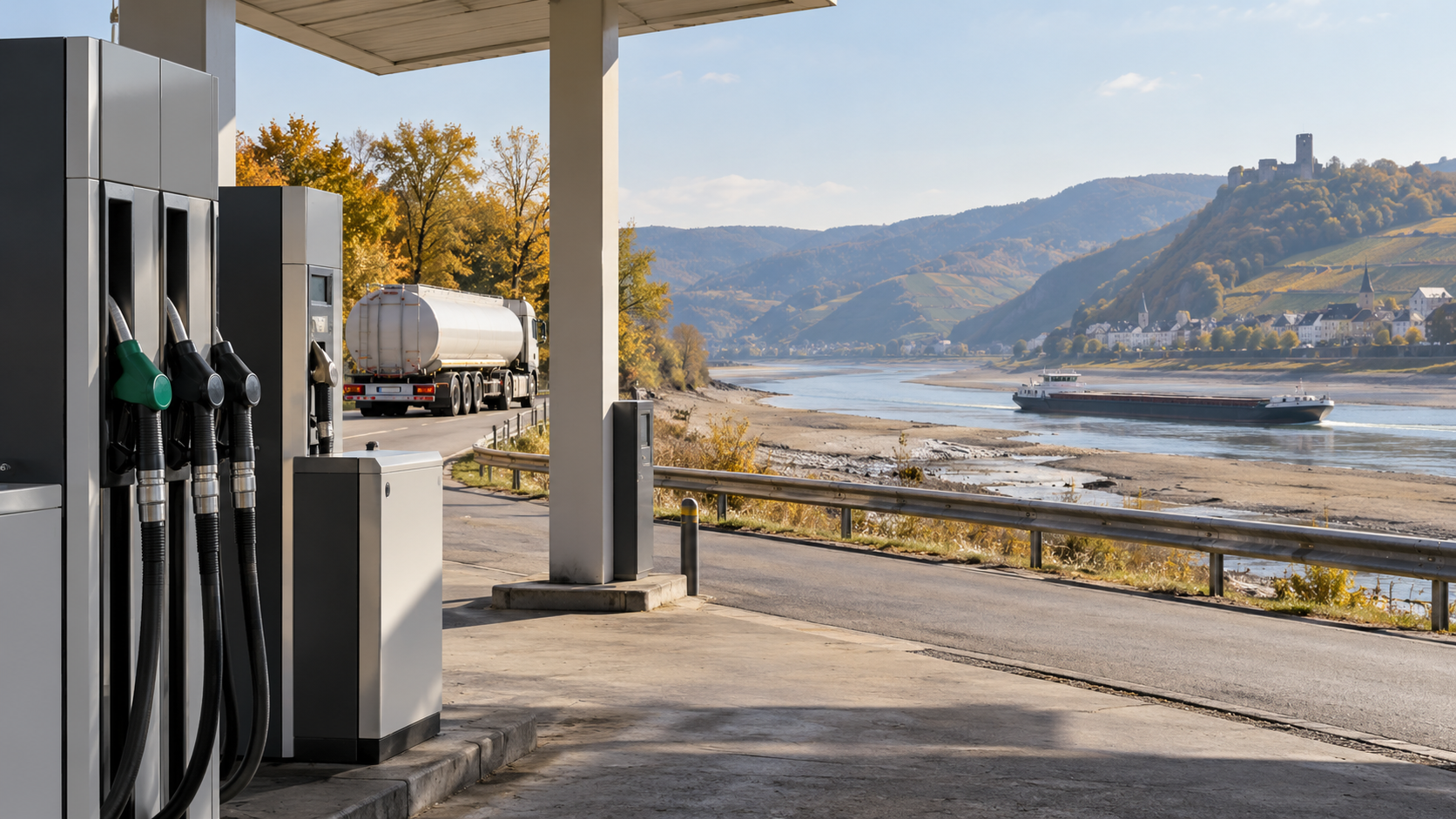 Tankrabatt und Niedrigwasser: Warum Tankstellen zeitweise keinen Sprit haben 1 - (Bildinhalt mit KI erstellt) - Bildinhalt mit KI erstellt Symbolbild einer Tankstelle nahe einem Fluss bei Niedrigwasser. - Bildinhalt mit KI erstellt