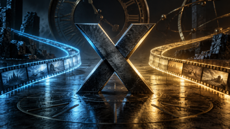 Abstraktes X mit zwei farbigen Filmstreifen als Symbol für die zwei X-Men-Zeitlinien - Bildinhalt mit KI erstellt